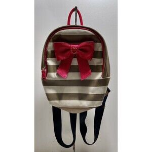 Betsey Johnson Mini Backpack Tan & White Stripe with Pink Bow